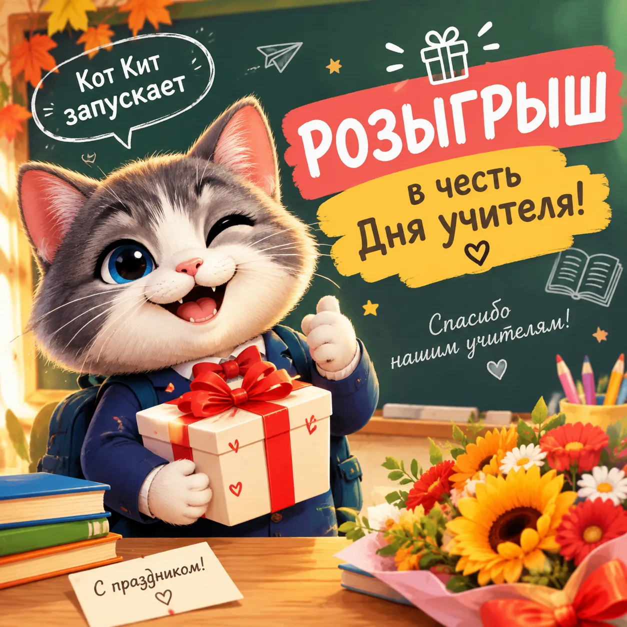 🐱 Кот Кит поздравляет с наступающим Днём учителя и запускает праздничный розыгрыш! 🎓