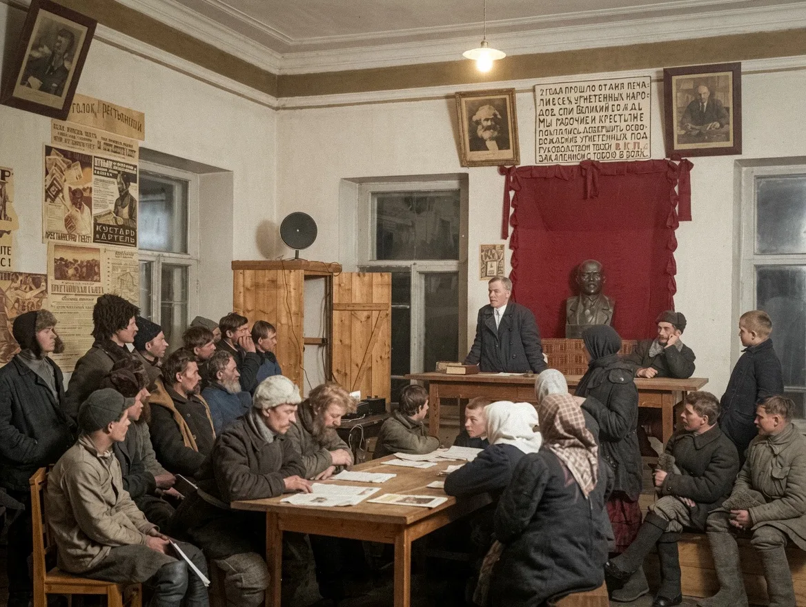 Выступление агитатора в красном уголке гостиницы в Галиче перед крестьянами, приехавшим...