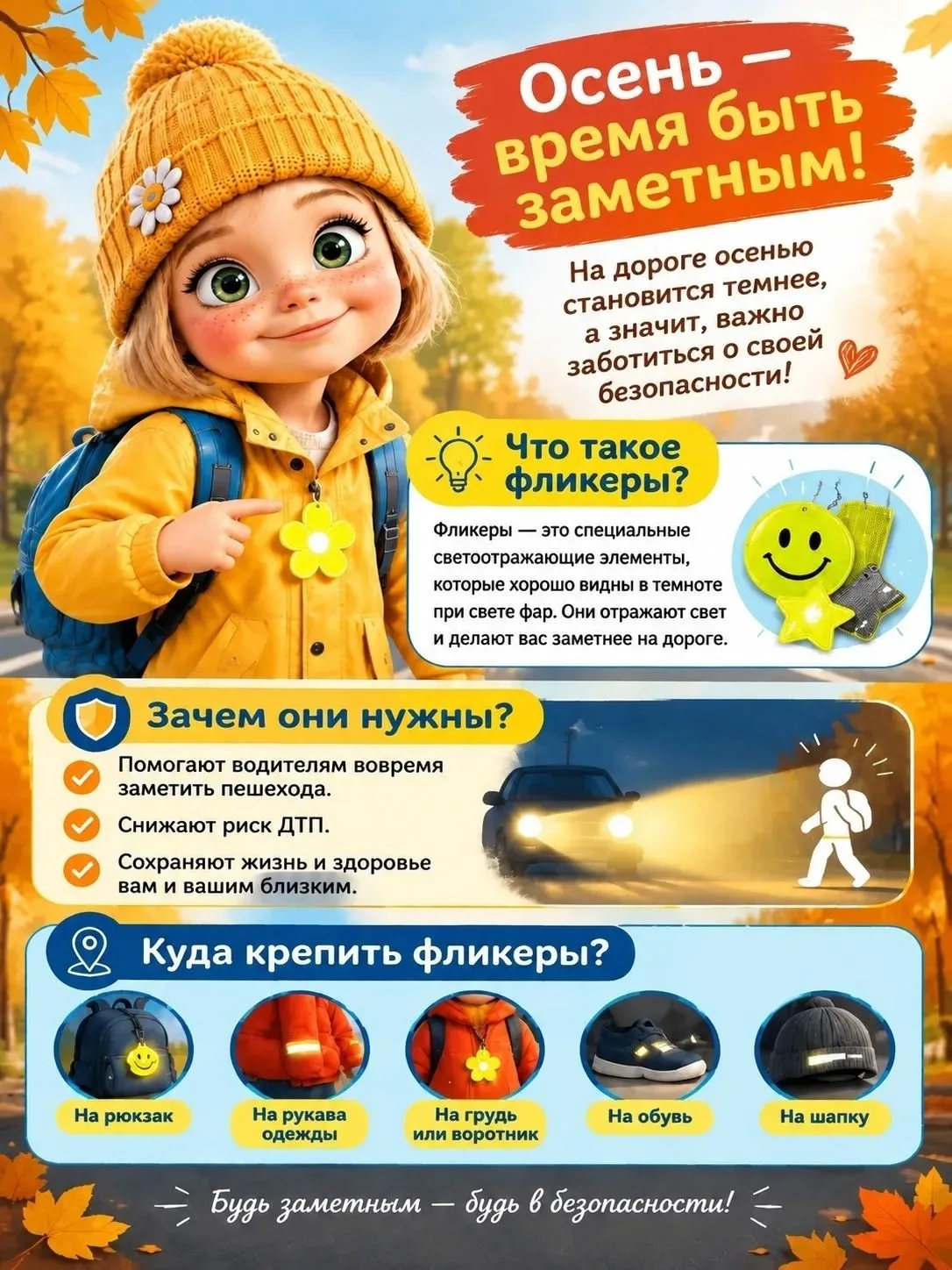 🌜Осенью темнеет рано — пусть ребёнок будет заметным!