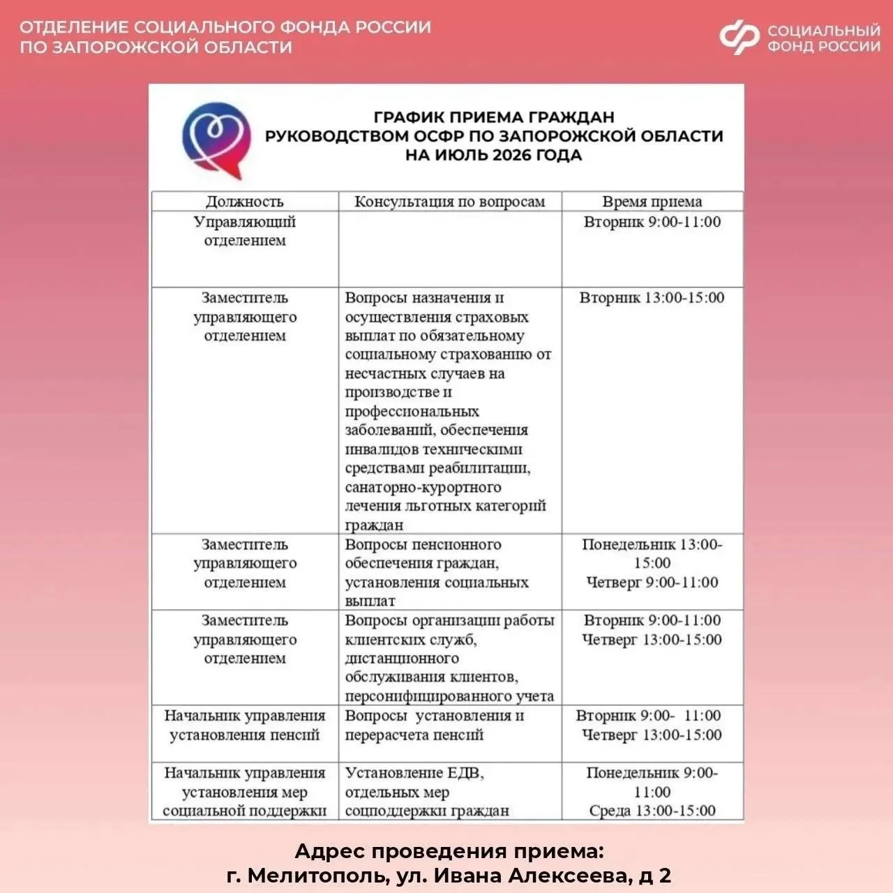 📅 График приема граждан из Запорожской области руководством регионального Отделения СФР в июле

🗣️
