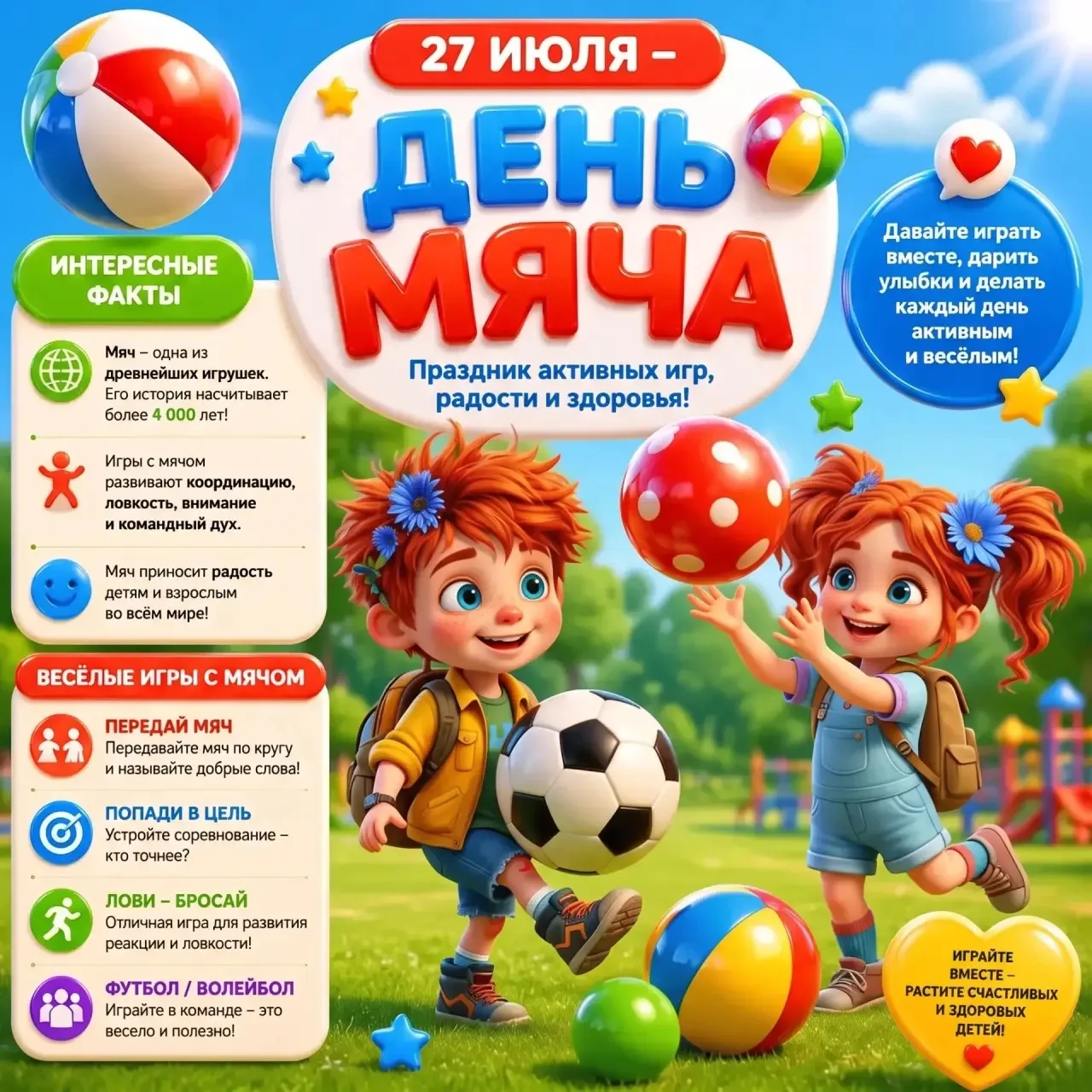 Сегодня, 27 июля,  Международный день МЯЧА. 🎉🏐⚽🥎✨

Казалось бы, просто резина или кожа. Но на сам