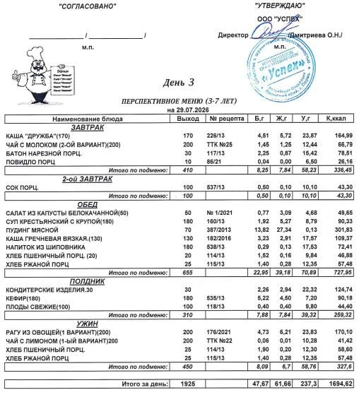 Дорогие родители! ☀️Делимся завтрашним меню: на 29 июля 2026 года