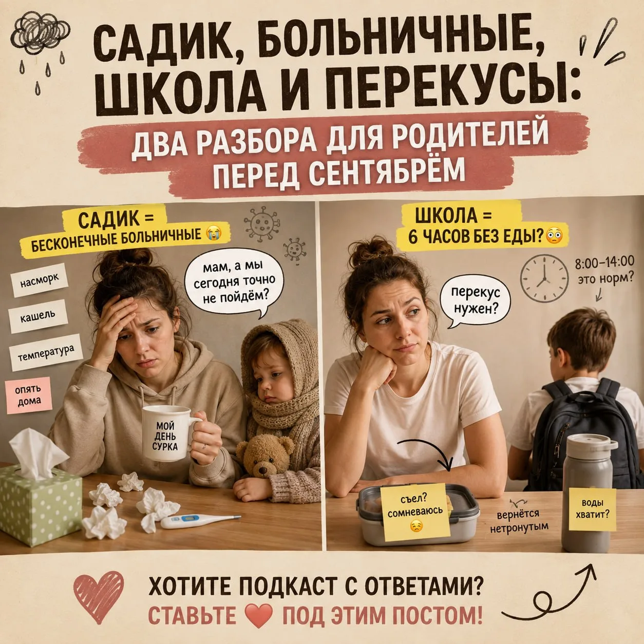 САДИК, БОЛЬНИЧНЫЕ, ШКОЛА И ПЕРЕКУСЫ: ДВА РАЗБОРА ДЛЯ РОДИТЕЛЕЙ ПЕРЕД СЕНТЯБРЁМ.