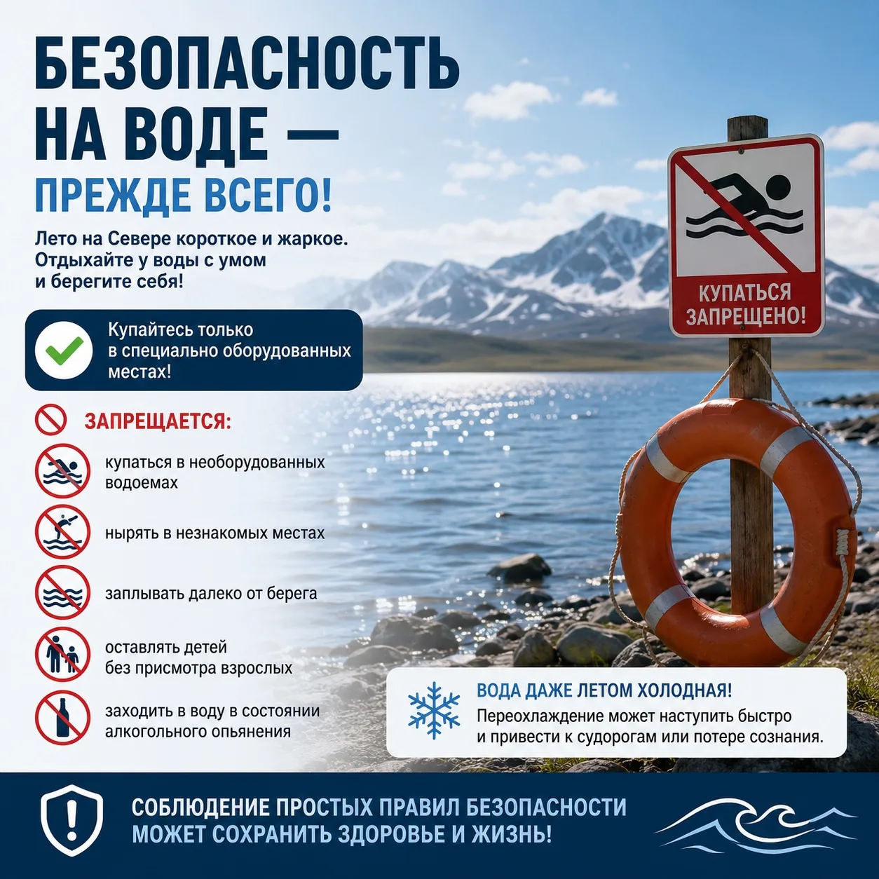 🌊 Безопасность на воде — прежде всего!

Лето на Крайнем Севере хоть и короткое, но порой радует по-