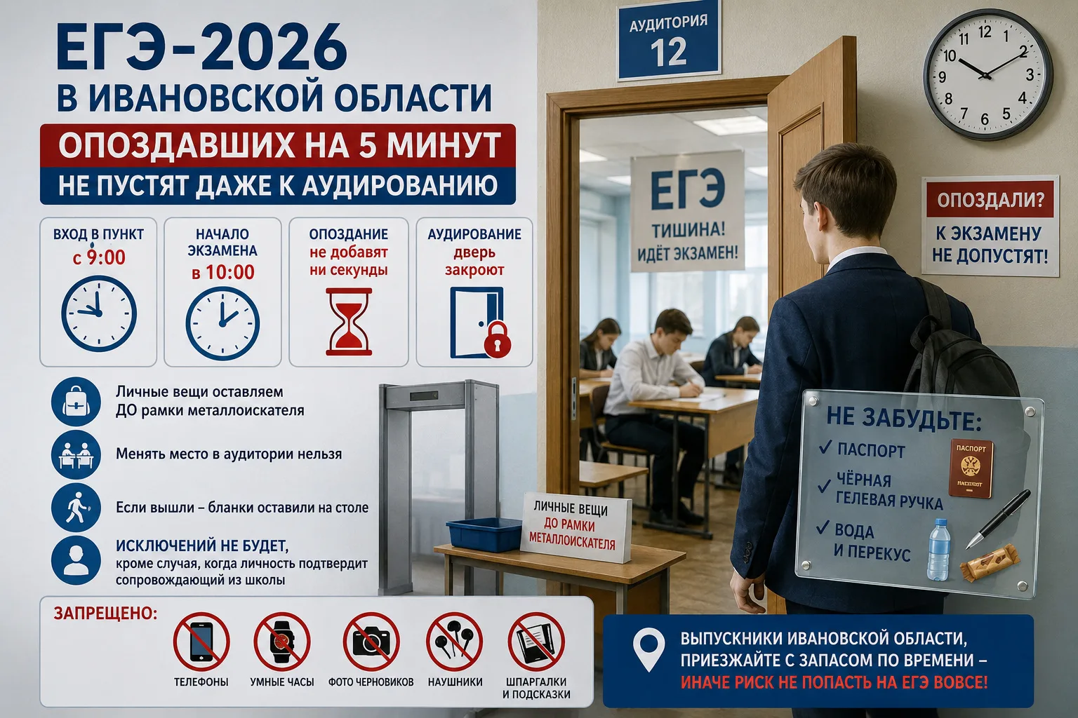 ЕГЭ‑2026 в Ивановской области: опоздавших на 5 минут не пустят даже к аудированию