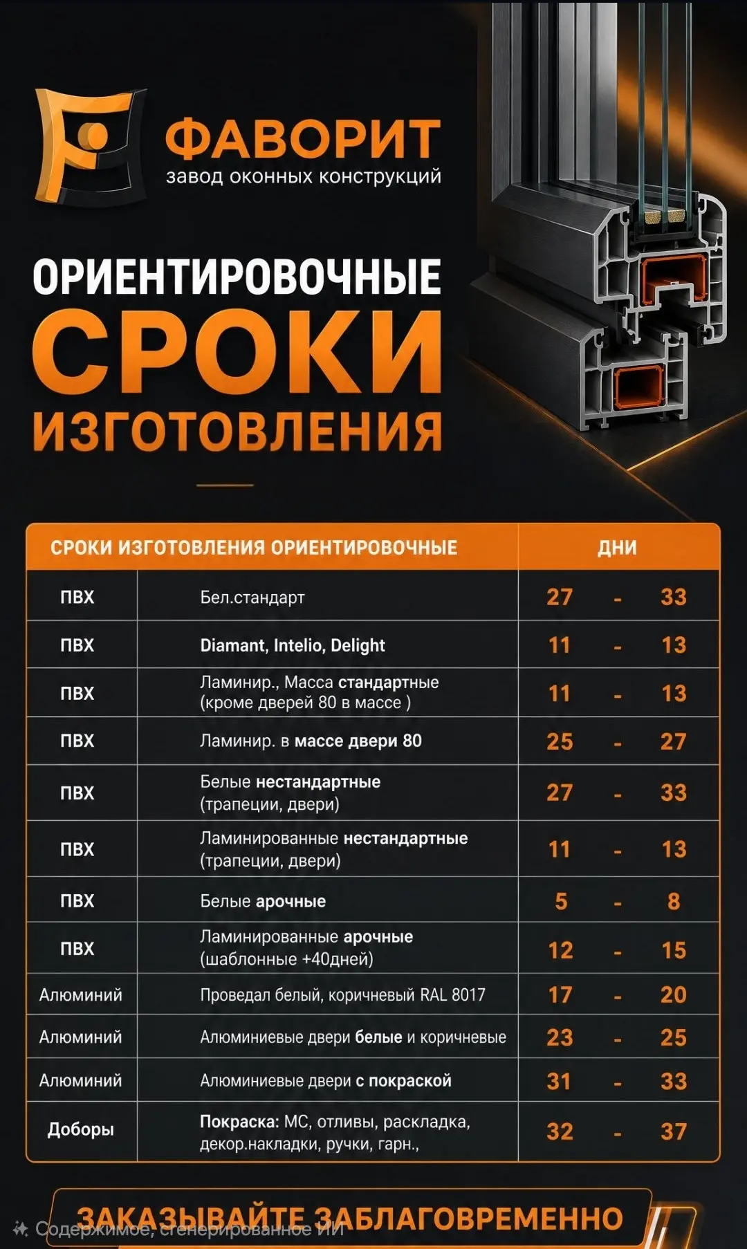 📅 Ориентировочные сроки изготовления от завода ФАВОРИТ