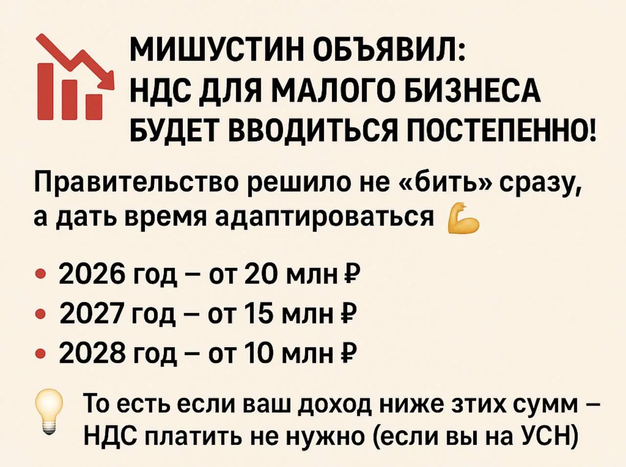 06.11.25 г.
📉 Мишустин объявил: НДС для малого бизнеса будет вводиться постепенно!  

Правительство
