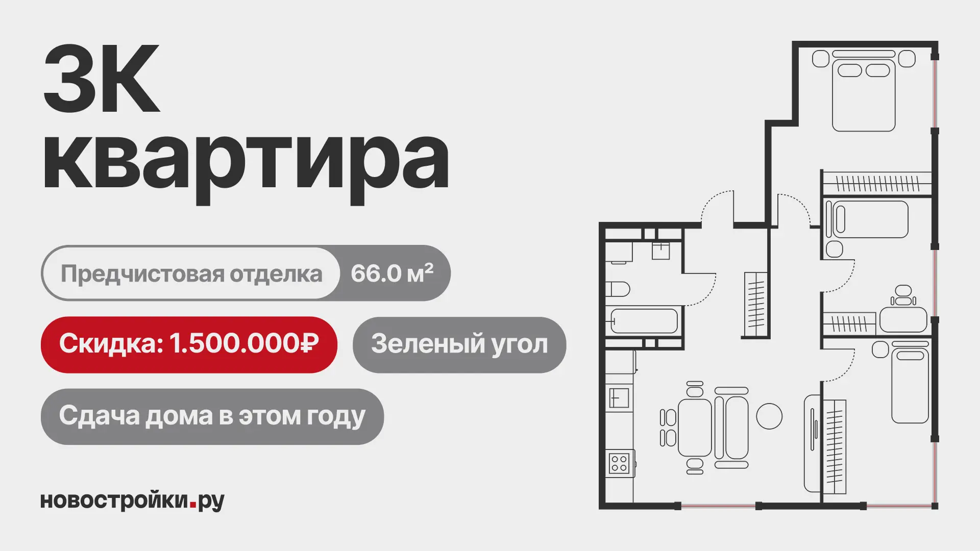 😱 Трёшка 66 м², скидка 1 500 000 ₽, ключи в этом году. Наш менеджер сам был в шоке ког...