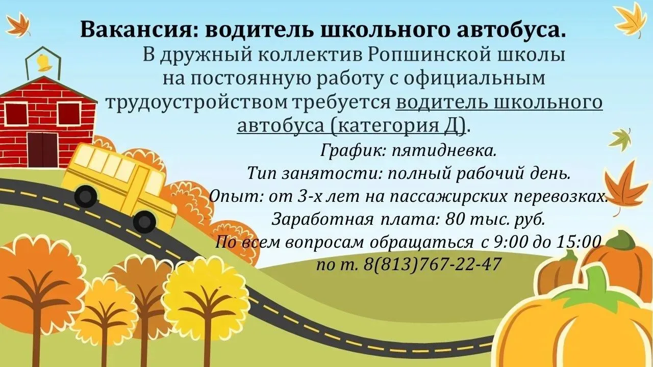В дружный коллектив Ропшинской школы требуются: