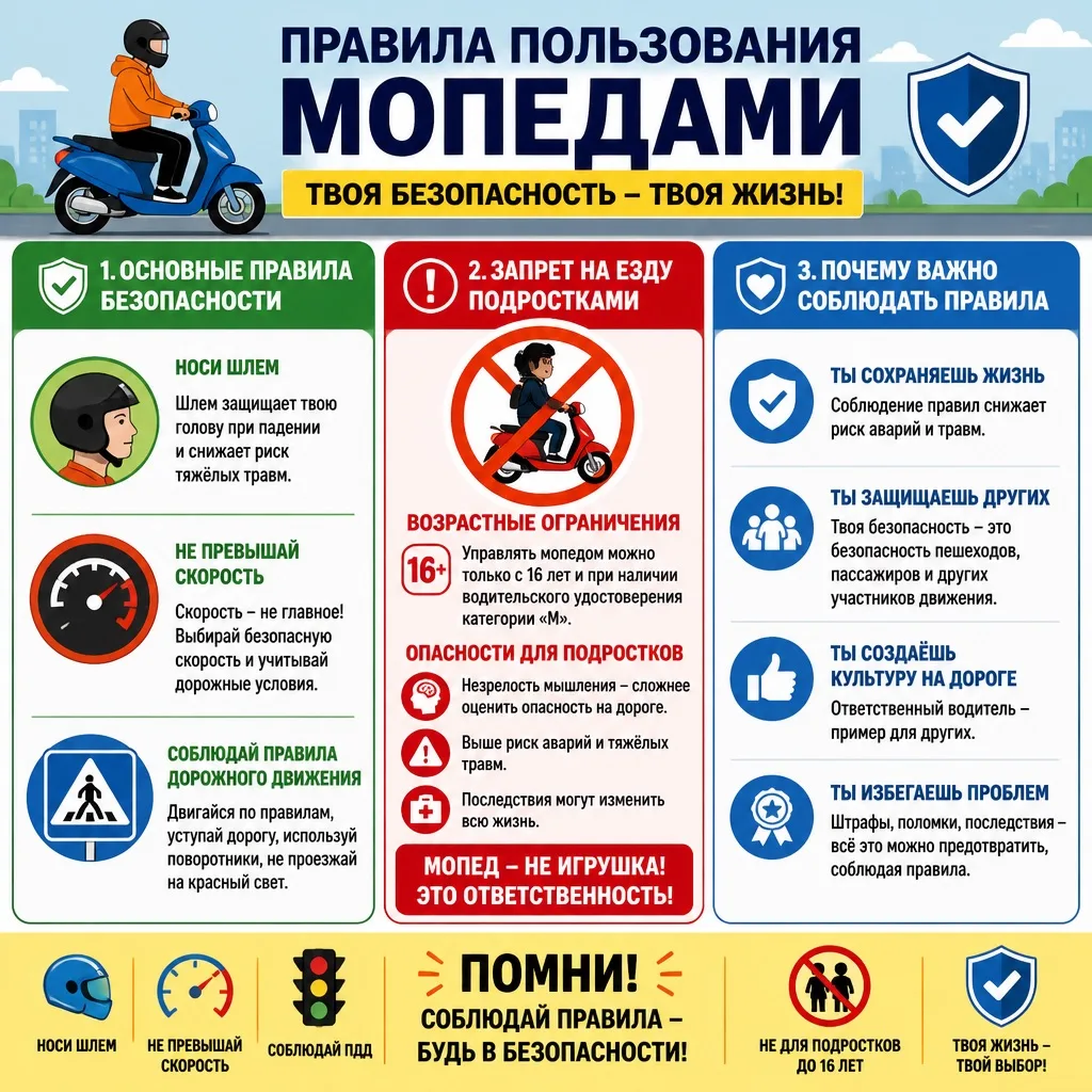 ✅Мы за безопасность✅
🛵 Безопасность прежде всего: правила пользования мопедами! 🛵

Мопед — это не 