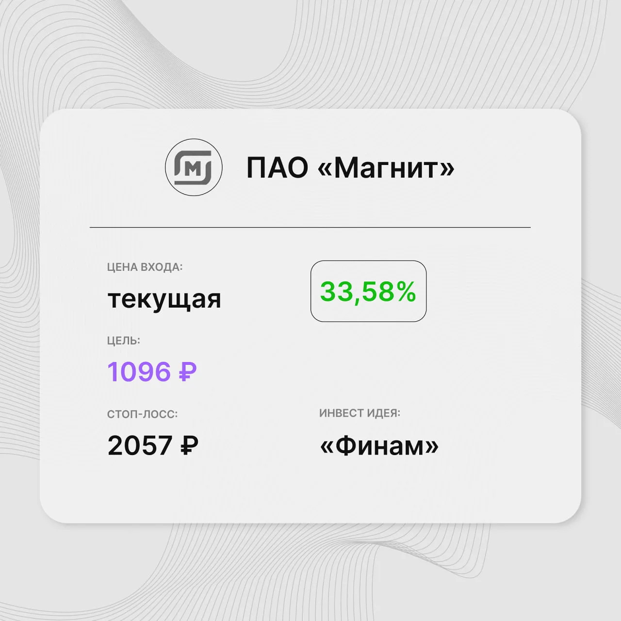 Инвест-идея по акциям ПАО «Магнит»

Инвест-идея от: «Финам»
Цена входа: текущая
Стоп-лосс: 2057,00 р