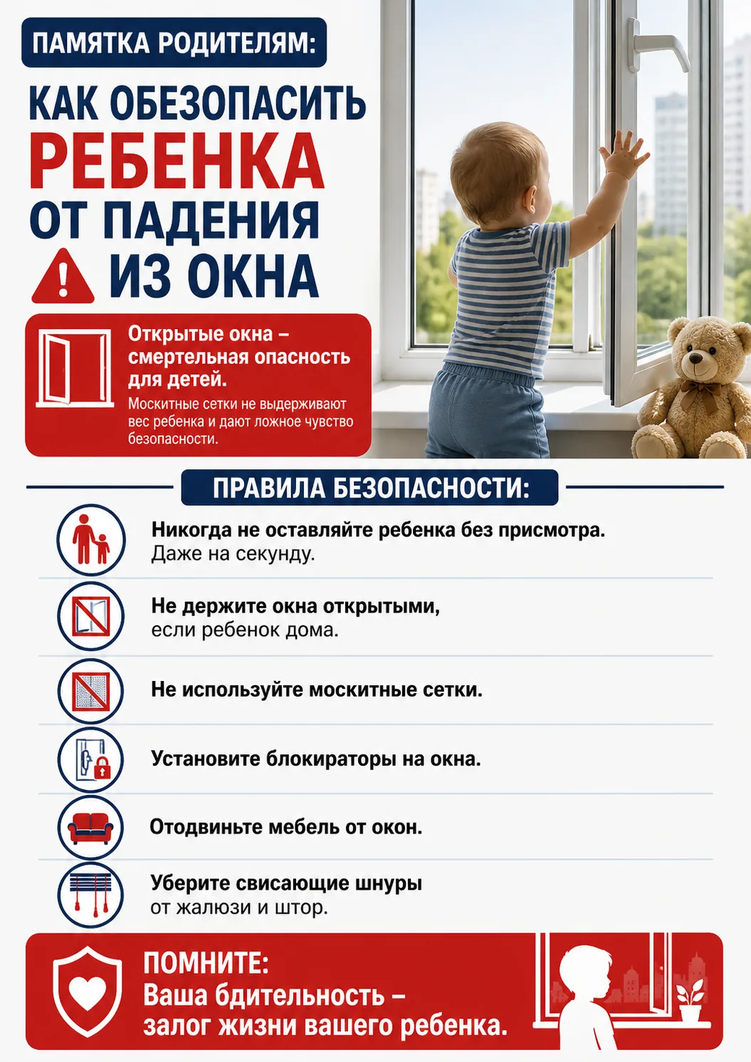 ‼️ Памятка родителям: как обезопасить ребенка от падения из окна
