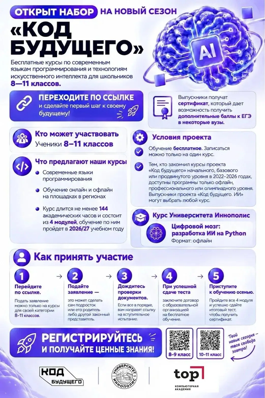 Бесплатное обучение программированию и ИИ для всех учеников 8–11 классов!