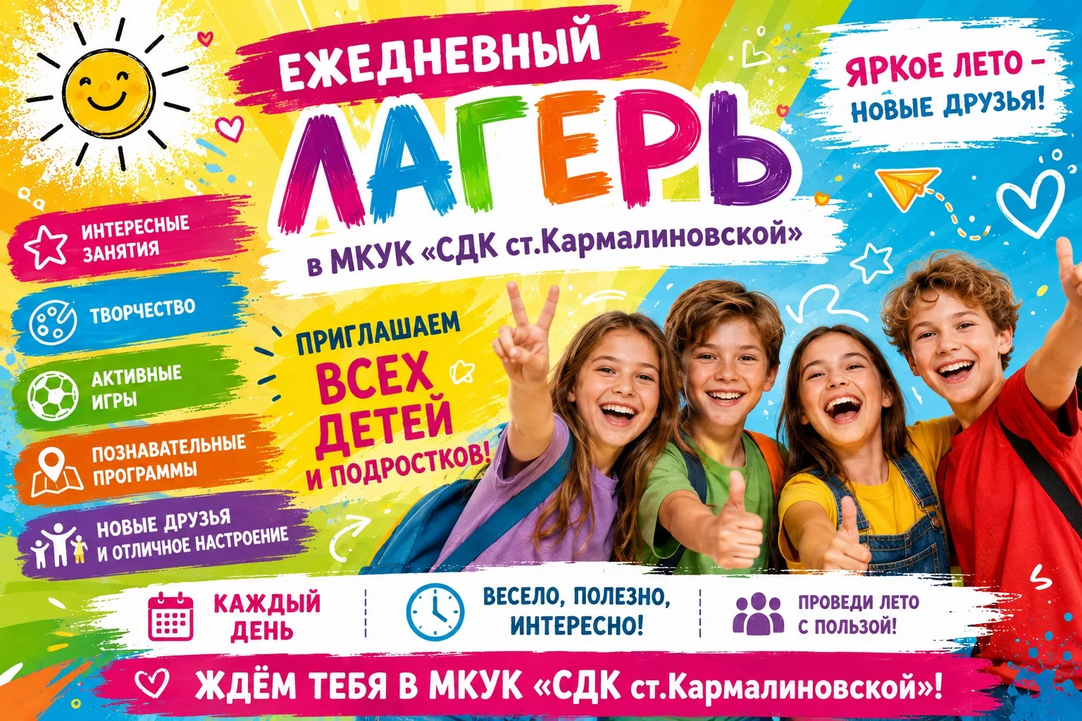 🌞 ЕЖЕДНЕВНЫЙ ЛАГЕРЬ «НЕПОСЕДЫ» 🌞

МКУК «СДК ст. Кармалиновской» приглашает всех детей и подростков