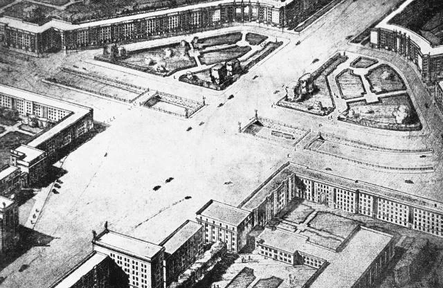 Проект планировки площади на месте Московских ворот

1939 год, перспектива с высоты птичьего полета.