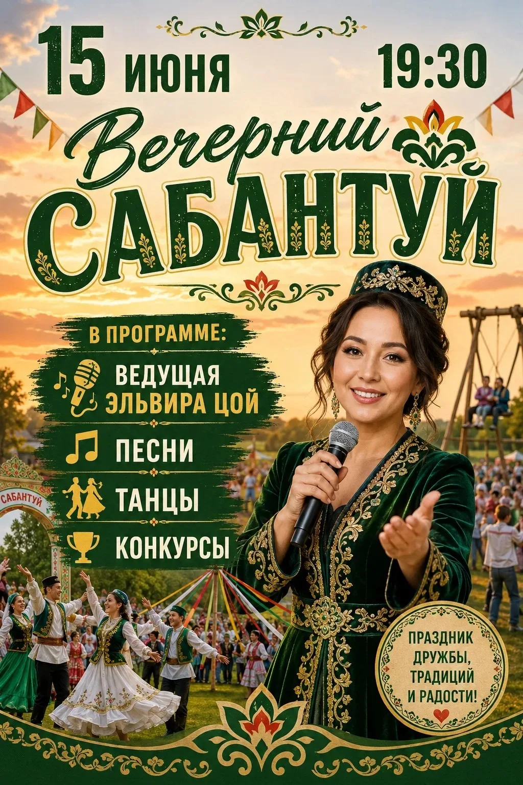 ПРИГЛАШАЕМ НА ВЕЧЕРНИЙ САБАНТУЙ! 🎉 

15 июня в 19:30 в нашем санатории состоится яркий и веселый пр