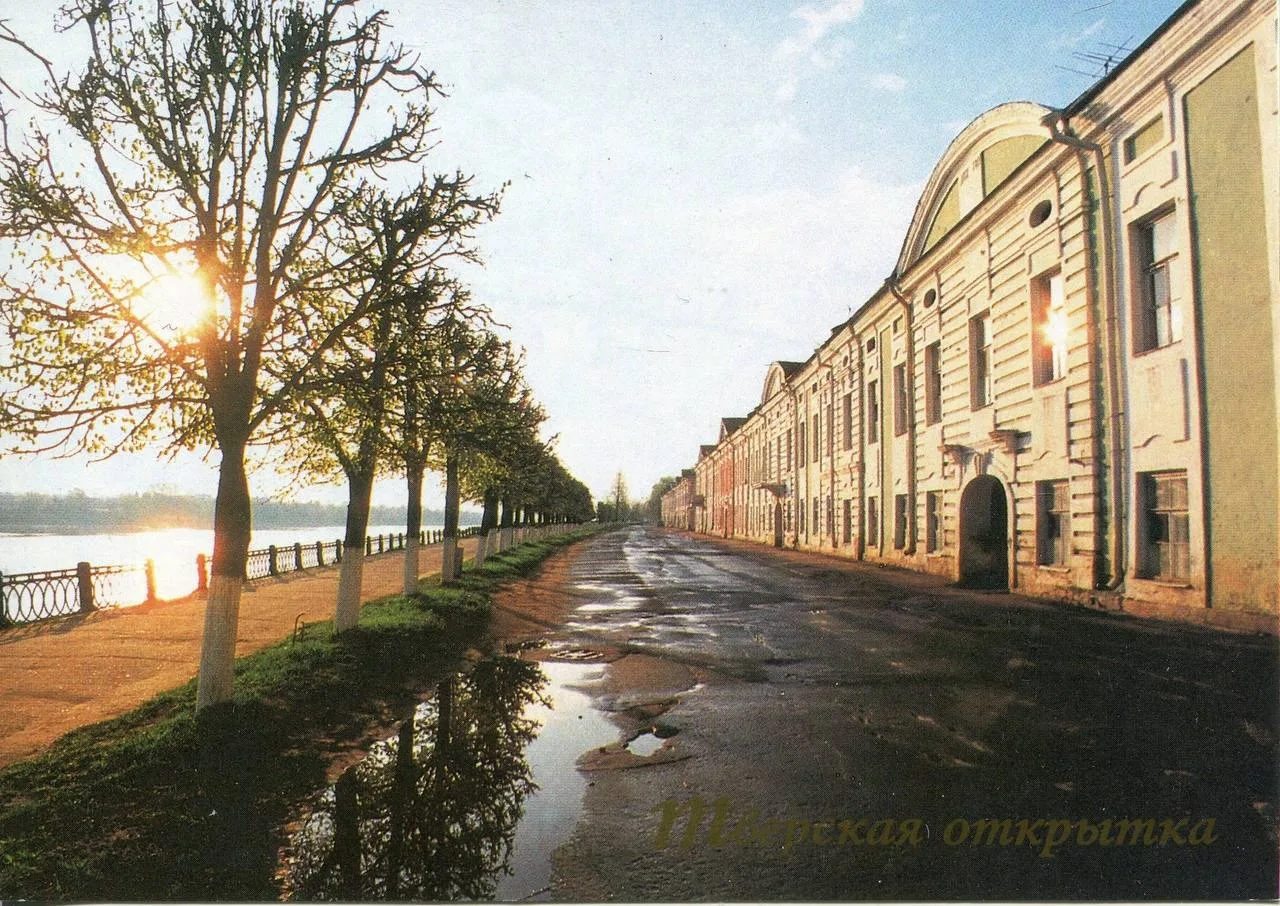 На снимке — Волга, чугунная ограда с повреждениями, неровный тротуар, разбитая проезжая часть с лужа