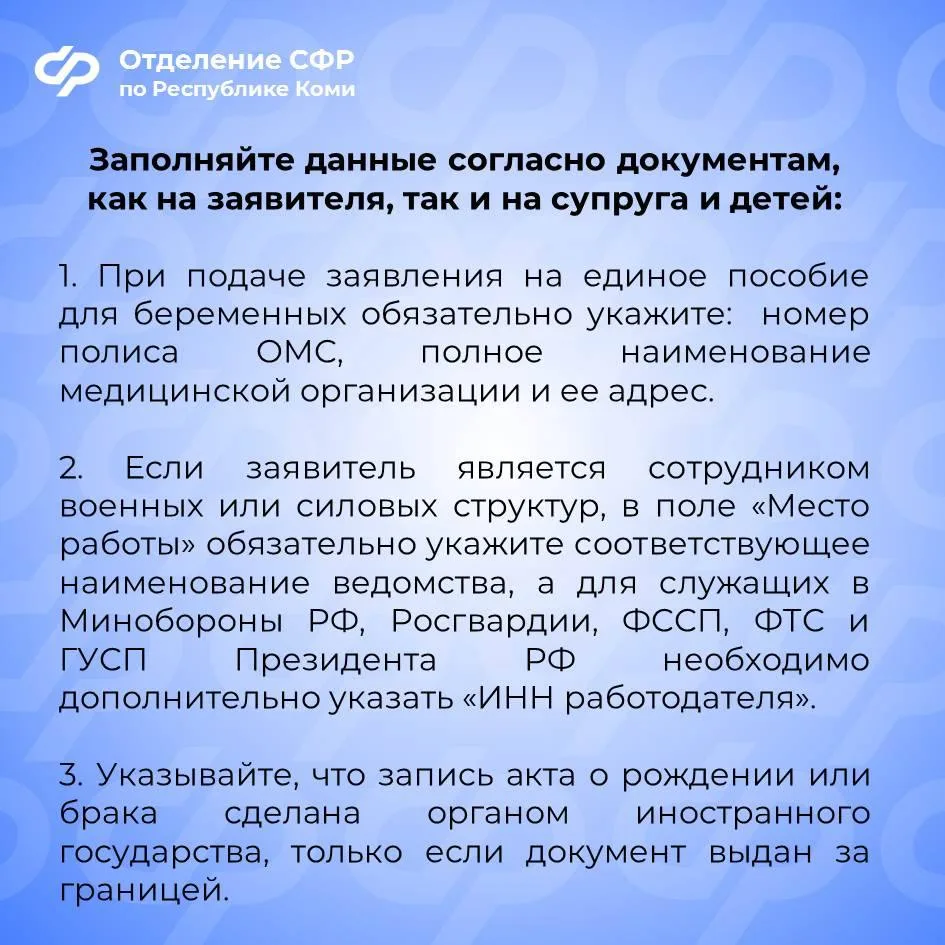 🔵 Отделение СФР по Республике Коми подготовило памятку о том, как правильно заполнить заявление на п