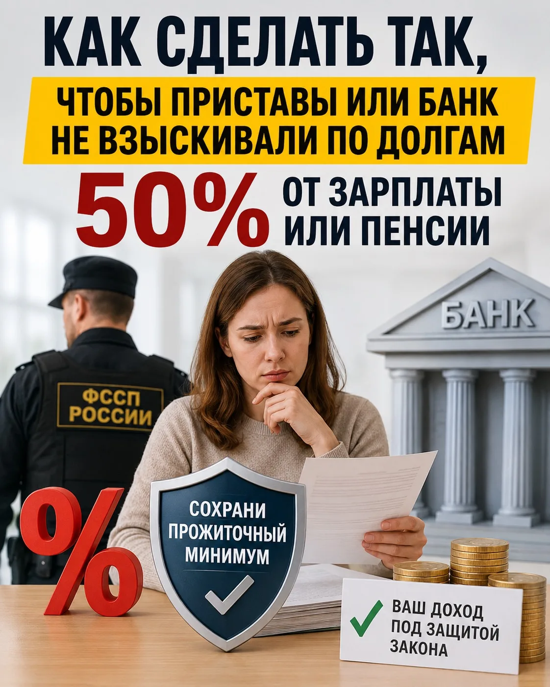 КАК СДЕЛАТЬ ТАК, ЧТОБЫ ПРИСТАВЫ ИЛИ БАНК НЕ ВЗЫСКИВАЛИ ПО ДОЛГАМ 50% ОТ ЗАРПЛАТЫ ИЛИ ПЕ...