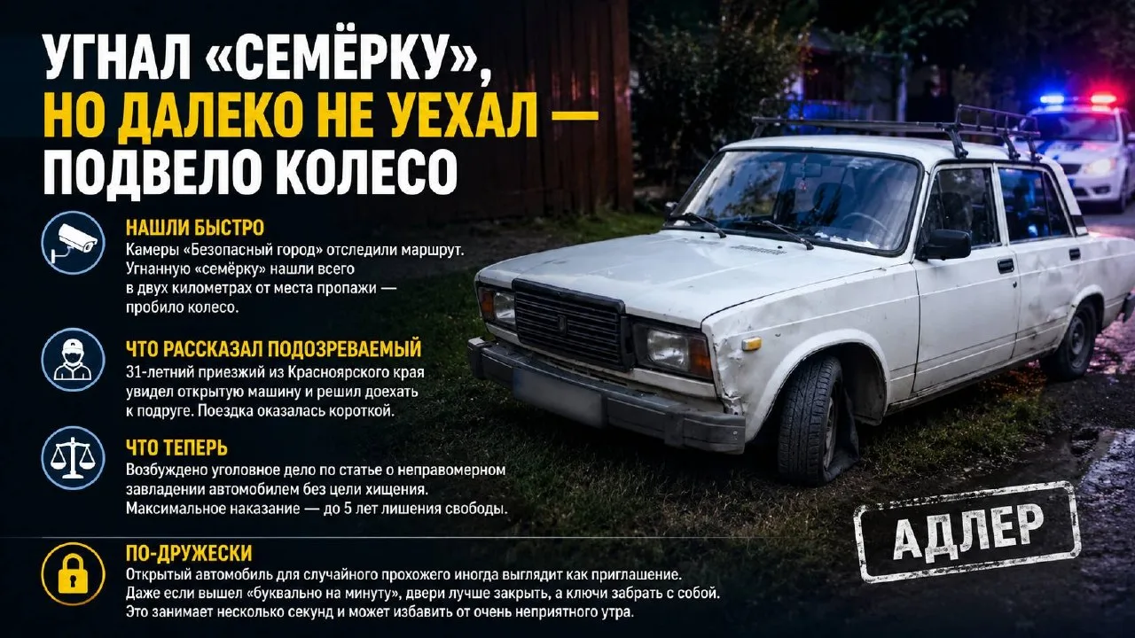 Угнал «семёрку», но далеко не уехал — подвело колесо

Друг, почти готовый сценарий для комедии, но з