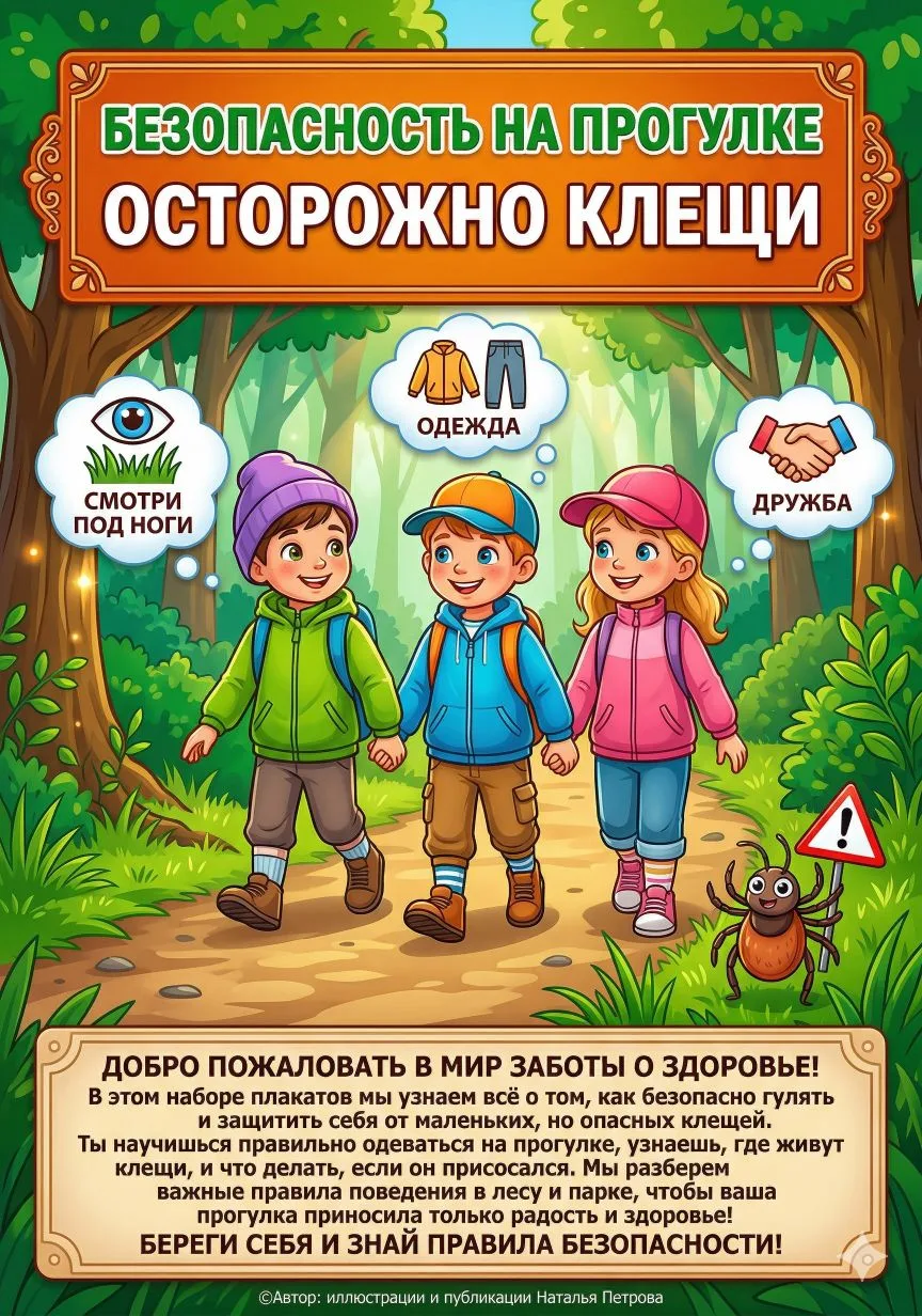 ‼Дошкольники особенно уязвимы к клещам из-за роста и любопытства. Для защиты на природе...