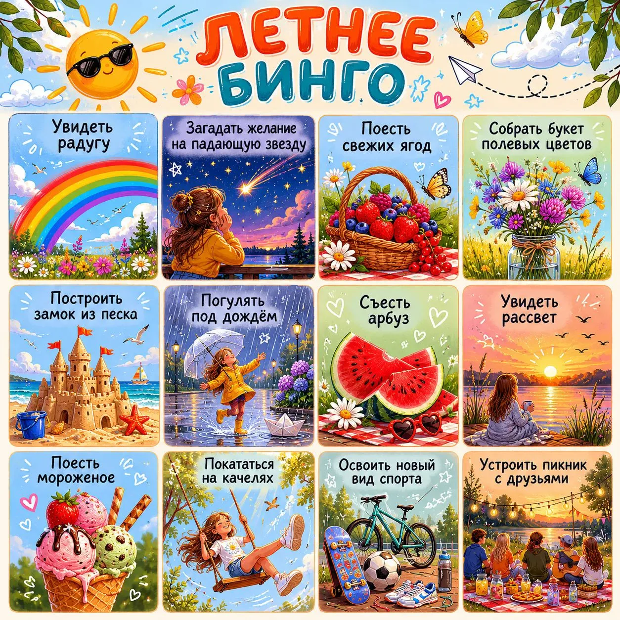 Летнее бинго 🌸
Вычёркивайте то, что удалось сделать для себя. Кто соберёт больше всех?
Сколько пунк