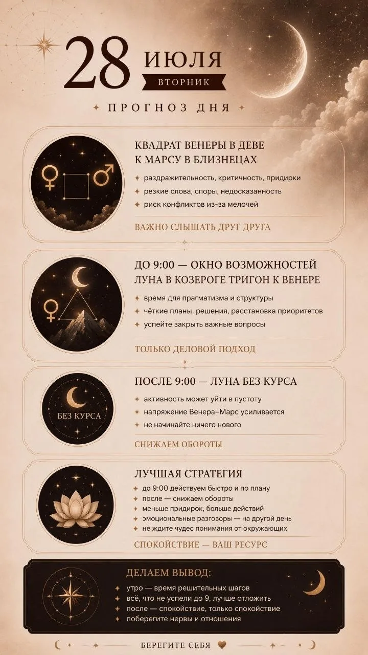 ПРОГНОЗ ДНЯ | 28 июля • вторник

📍 День снова проходит под влиянием квадрата Венеры в Деве к Марсу 