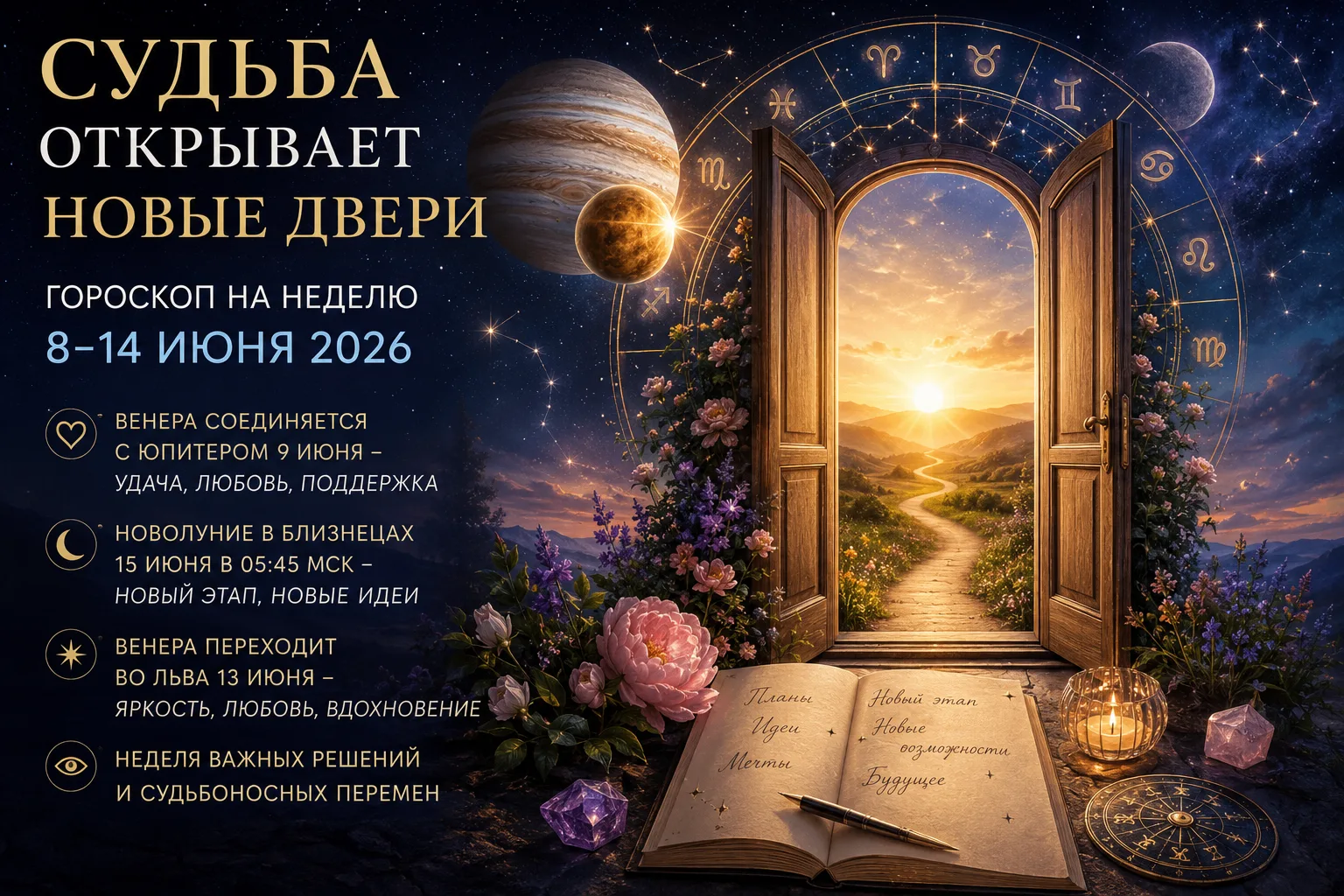 🌙✨ СУДЬБА ОТКРЫВАЕТ НОВЫЕ ДВЕРИ
Гороскоп на неделю 8–14 июня 2026
Неделя обещает стать одной из сам