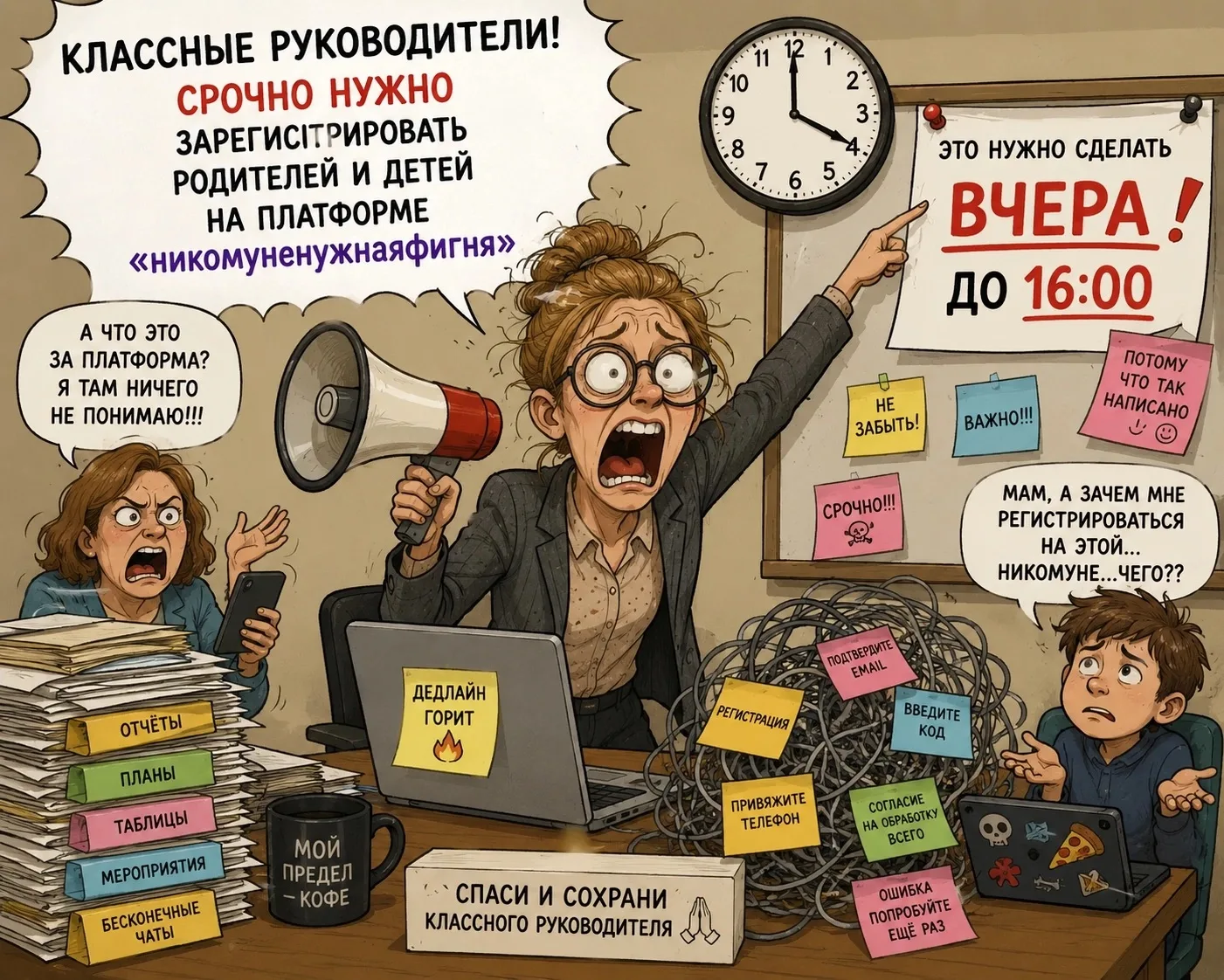 Минутка юмора!
Знакомо? Классные руководители, срочно нужно зарегистрировать родителей и детей на пл