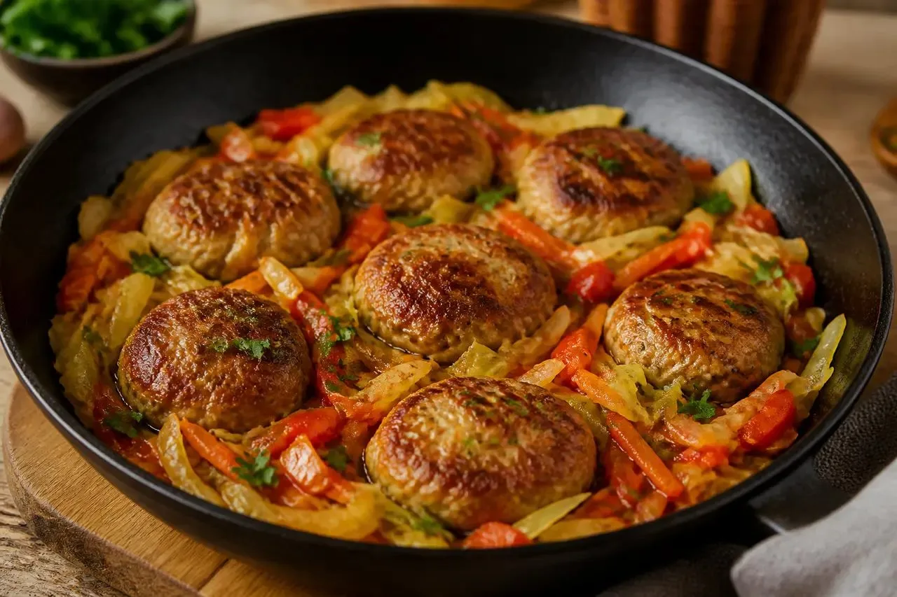 Сочные мясные лепёшки и мягкие овощи готовятся вместе под крышкой за 30 минут. Для блюд...