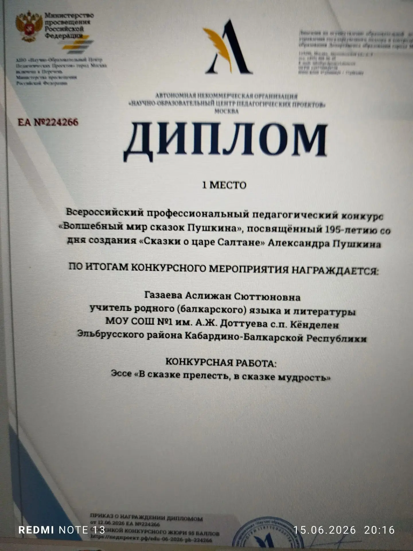 В рамках конкурсов Академии педагогических проектов РФ, посвящённых Году единства в России, достигну