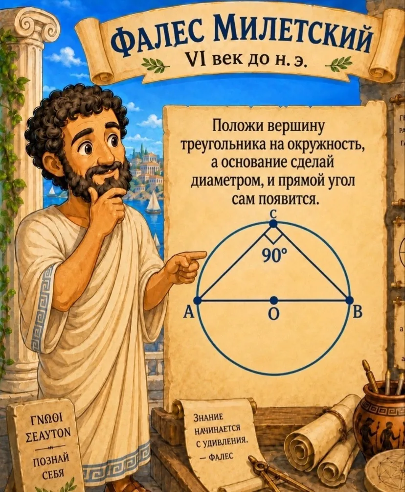 ‼️Немного математики среди лета! 
ТАЙНА ПРЯМОГО УГЛА 📐

Фалес Милетский — один из семи мудрецов Дре