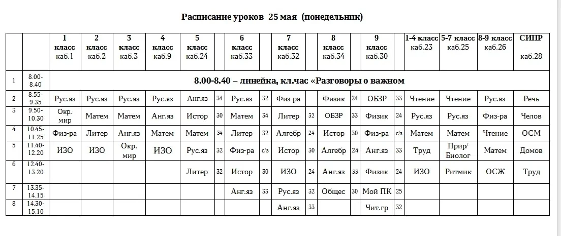 РАСПИСАНИЕ УРОКОВ НА ПОНЕДЕЛЬНИК 25 МАЯ 2026