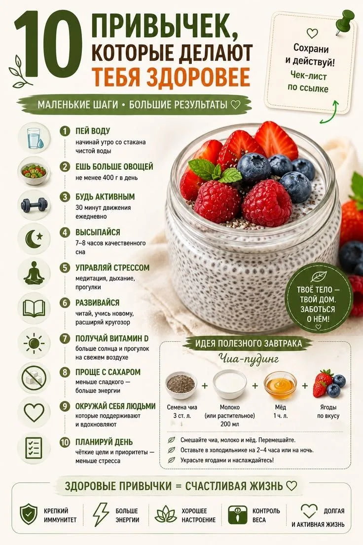 10 полезных привычек для здоровой и активной жизни 🤩💖
