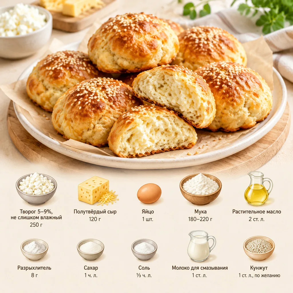 Творожные булочки с сыром без дрожжей 🤤