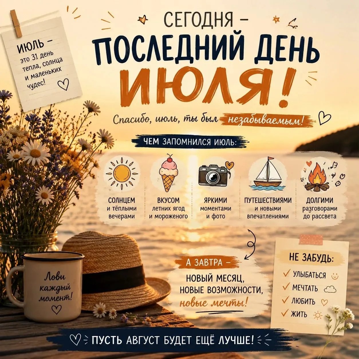 🌼 Сегодня последний день июля.. А впереди — август, такой же тёплый, но уже с лёгким дыханием осени