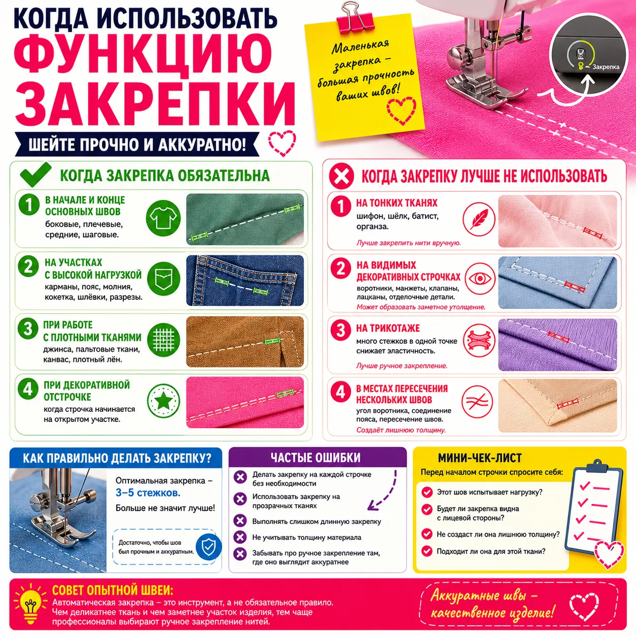 ✂️ Когда использовать функцию закрепки, а когда лучше отказаться от нее
На современных швейных машин