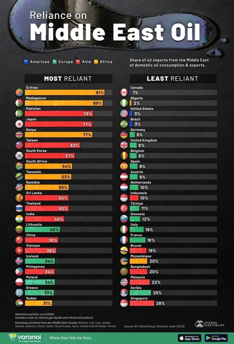 ⛽ Рейтинг энергетической уязвимости: кто кормит нефтяные шейхов?

Нефть с Ближнего Востока по-прежне