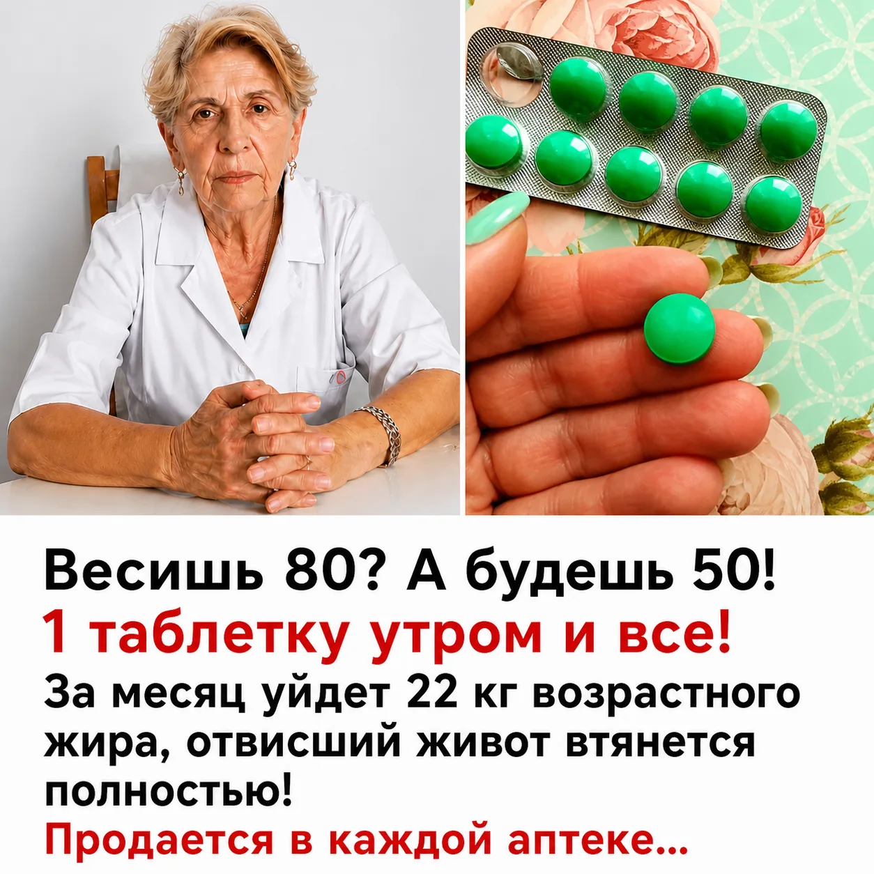 Весишь 80? А будешь 50!  1 таблетку утром и все! За месяц уйдет 22 кг возрастного жира, отвисший жив