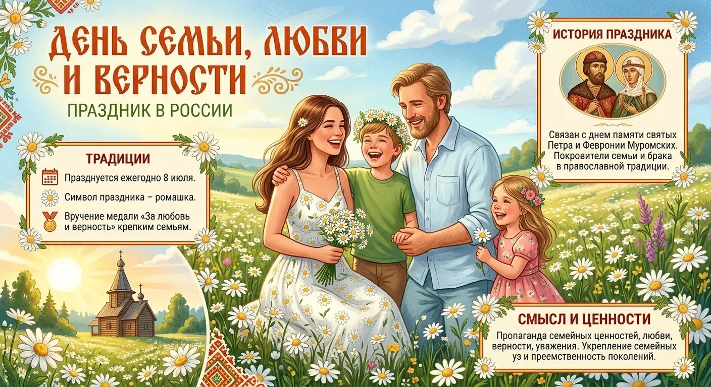 🌼 8 июля — День семьи, любви и верности

Сегодня мы отмечаем один из самых тёплых и душевных праздн