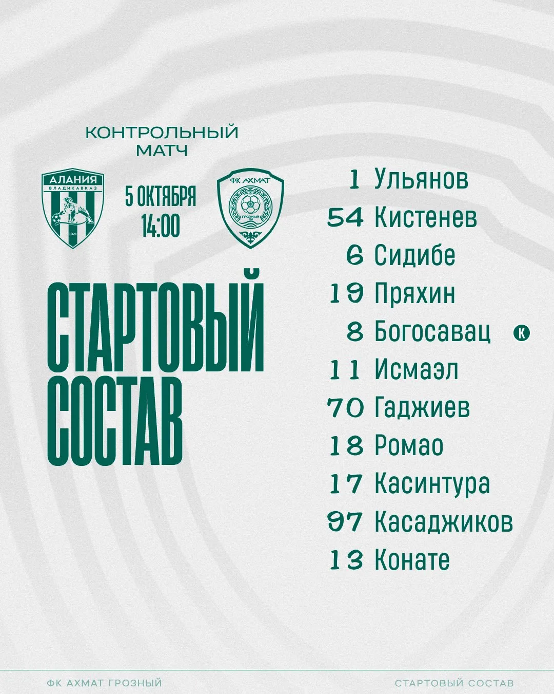👥 Состав на гостевую контрольную игру с «Аланией»