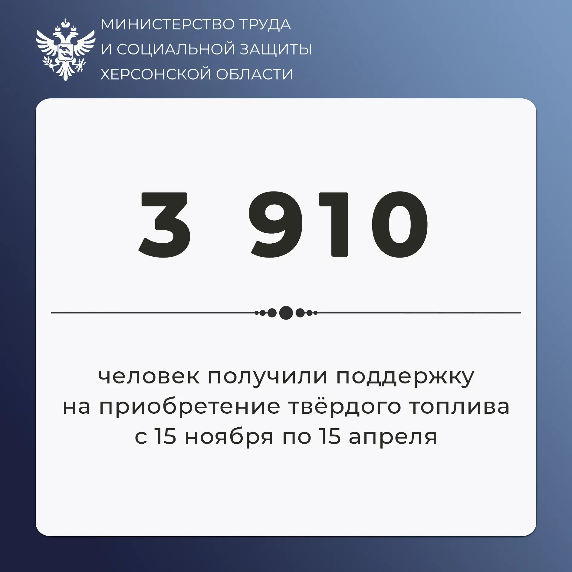 В период с 15 ноября 2025 по 15 апреля 2026 года 3910 жителей Херсонской области получи...