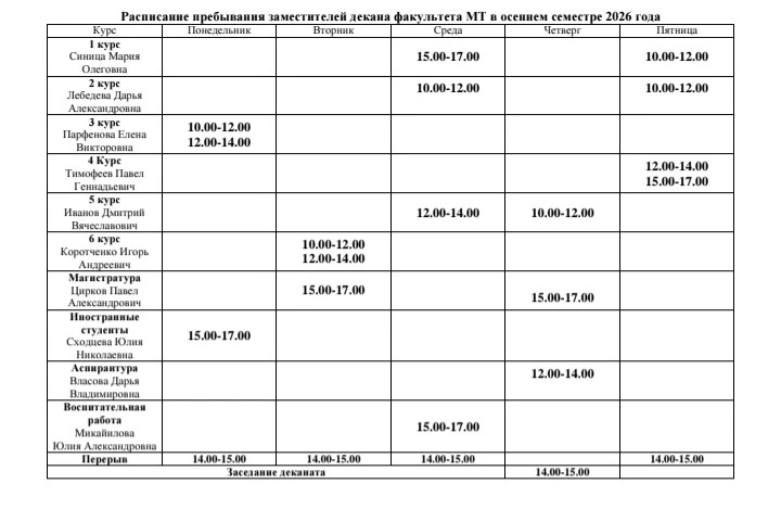 📌 График работы заместителей декана в осеннем семестре 2026 года