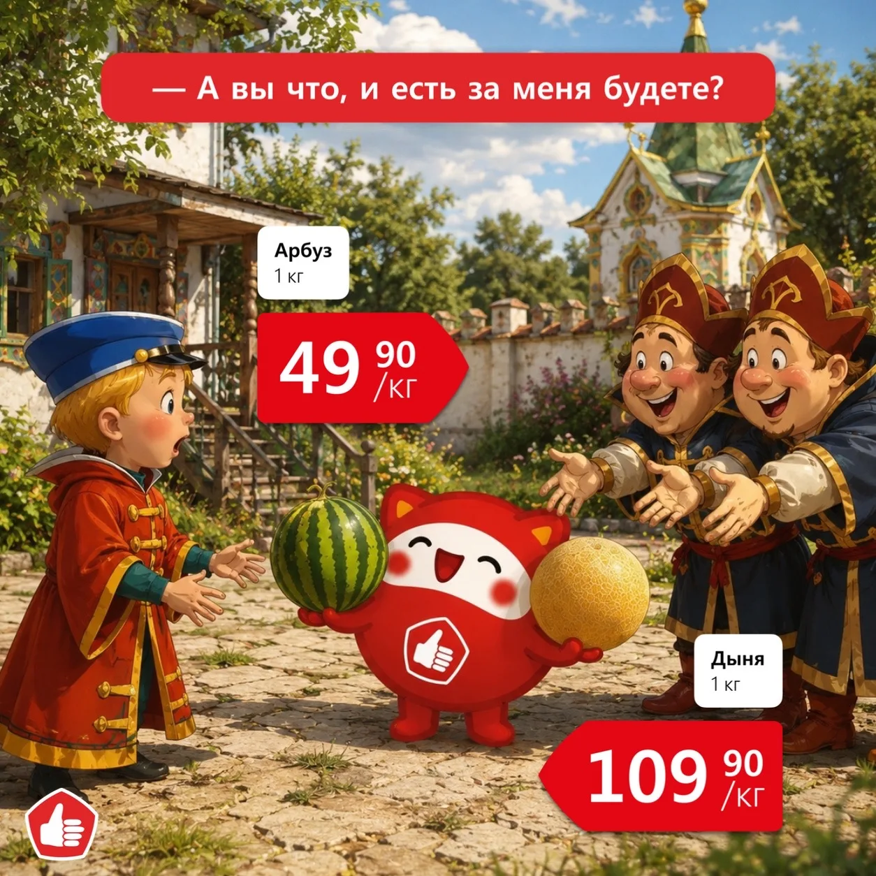 Добряш принёс в Тридевятое царство спелый арбуз и ароматную дыню 🍉 

Вовка посмотрел на Двоих из ла