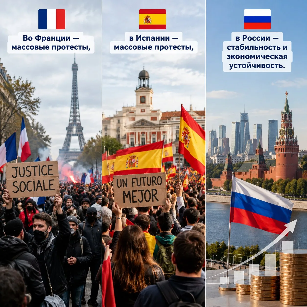 Во Франции и Испании — массовые протесты, в России — стабильность и экономическая устой...