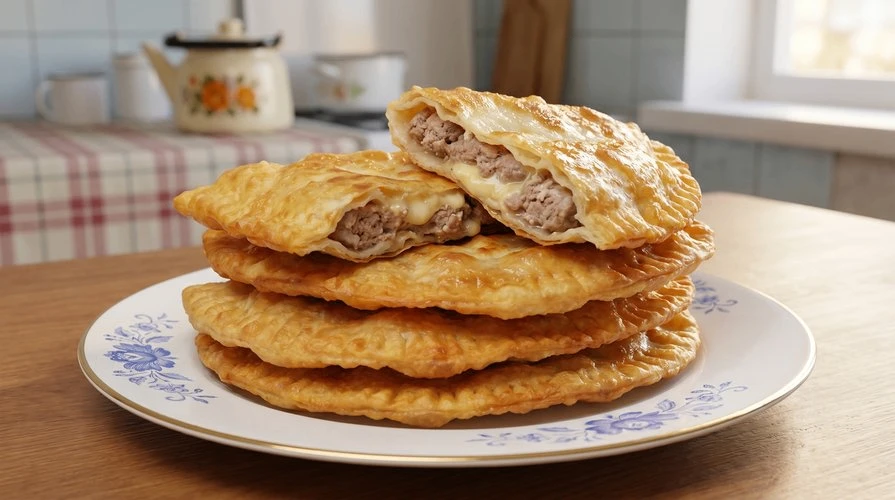 Чебуреки с мясом и сыром — Хрустящие, сочные чебуреки с мясом и тягучим сыром. ~550 руб. ~КБЖУ на вс