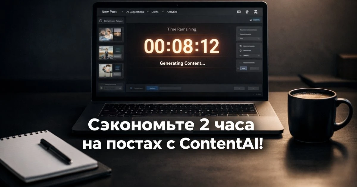 2 часа на пост. Каждый день. ContentAI делает за 8 минут  Админ канала: — Ищет тему 40 минут — Пишет