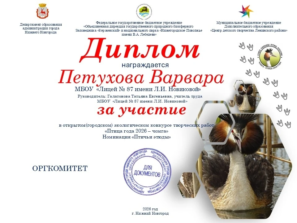 ПОЗДРАВЛЯЕМ  
участников городского открытого экологического конкурса творческих работ "Птица года 2