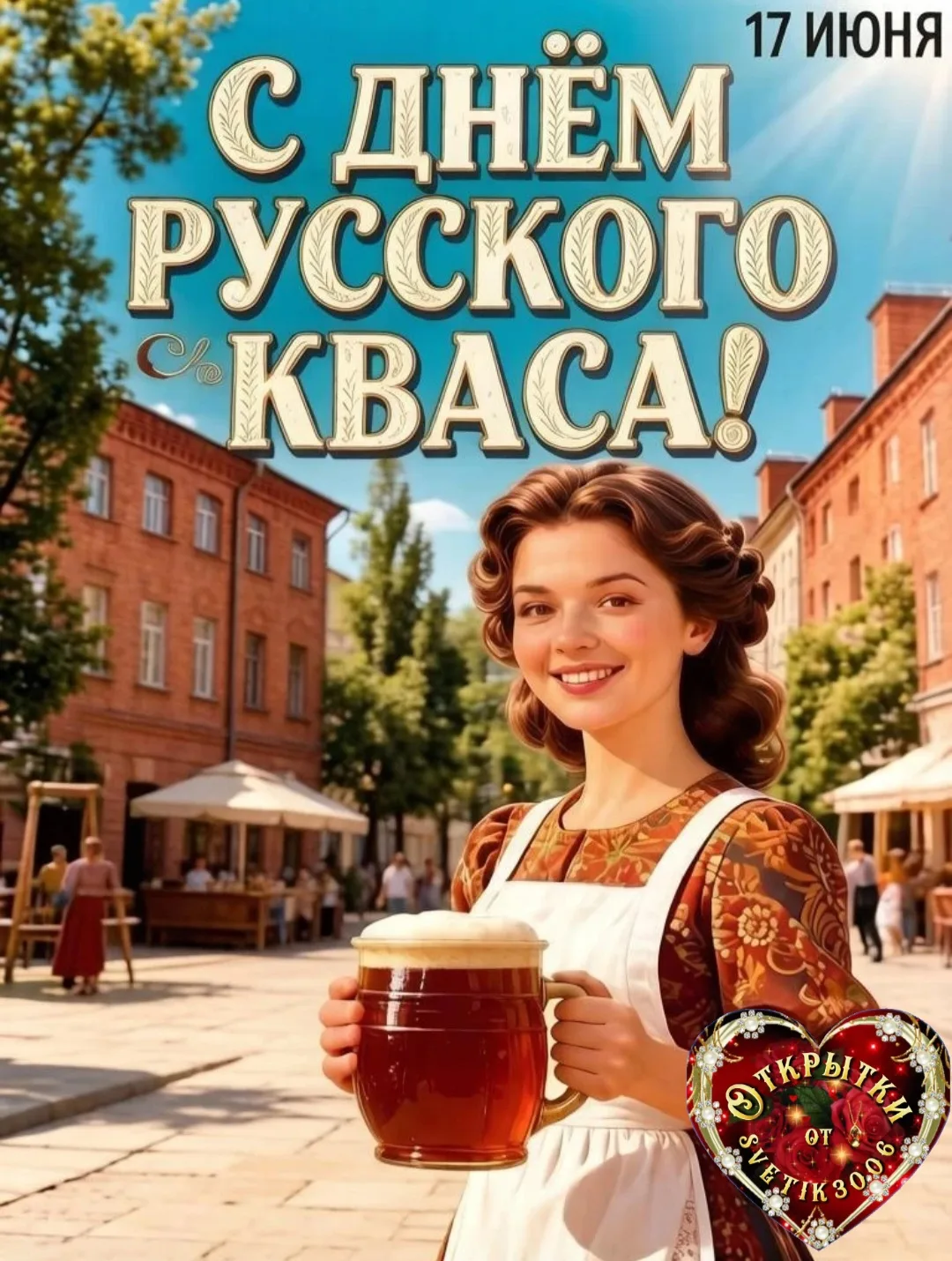 С днём Русского кваса. 
17 июня.
Квас — напиток золотой,
Русский, добрый, не простой!
С праздником е