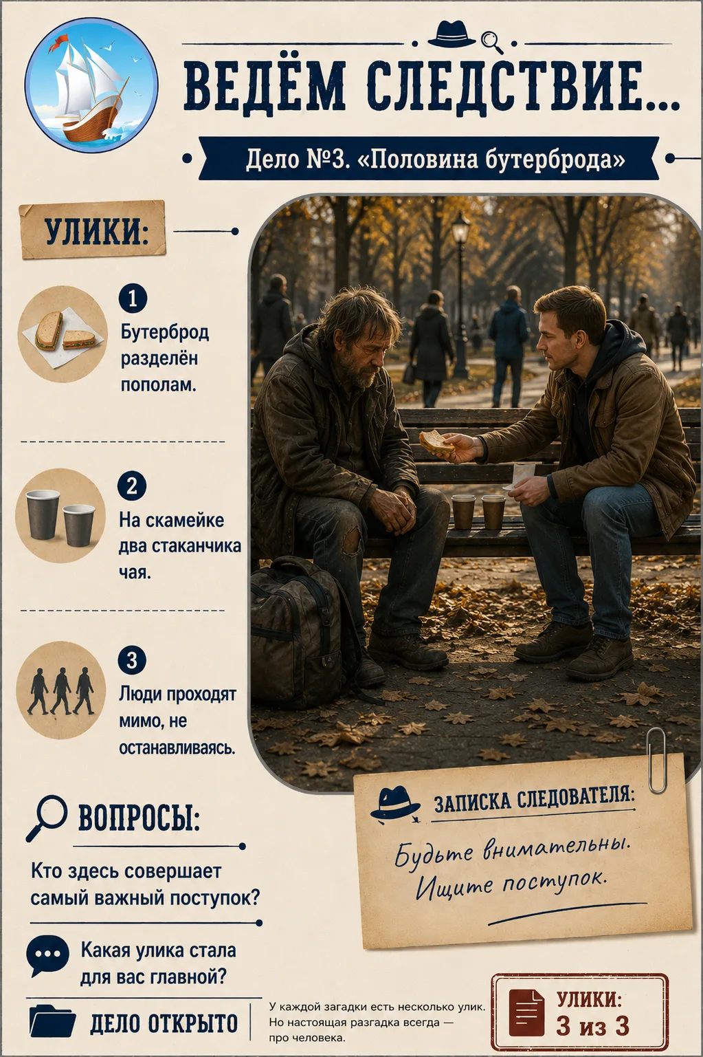 🕵️ ПРОДОЛЖАЕМ НАШУ СЕРИЮ «ВЕДЁМ СЛЕДСТВИЕ...»
📁 Дело №3. «Половина бутерброда»
Иногда самый важный